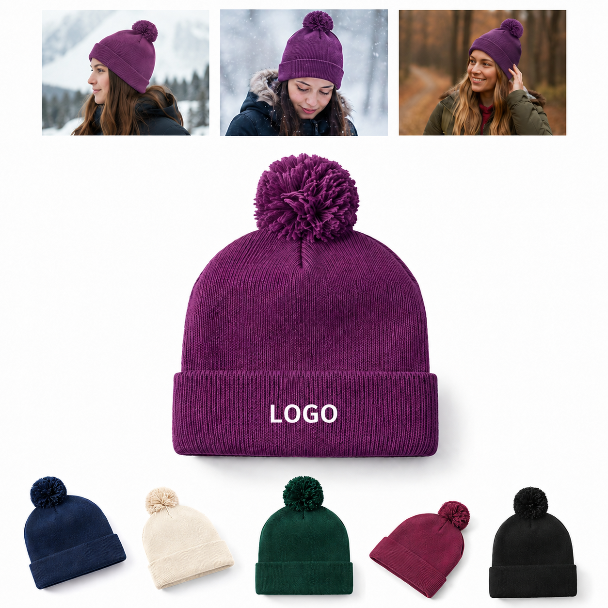 Solid Color Knit Pom Pom Beanie