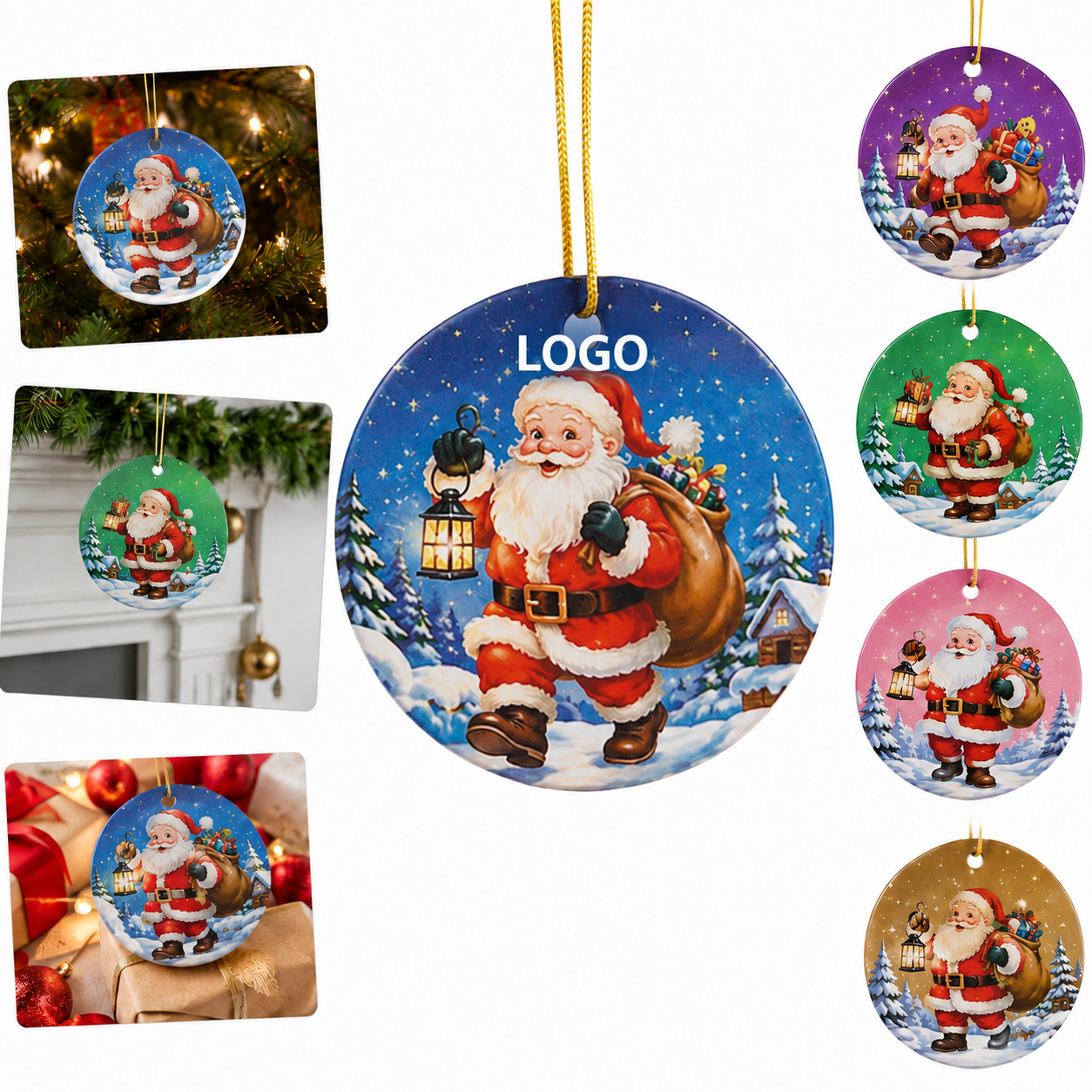 Christmas Santa Claus Pattern Round Acrylic Ornament with Gold Hanging Rope