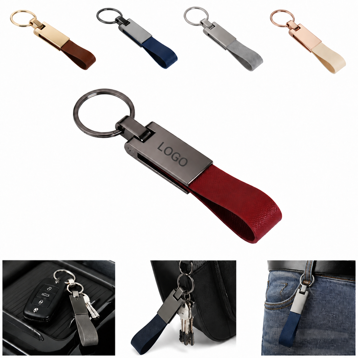 Cowhide Leather Zinc Alloy Keychain with Anti-Drop Clip