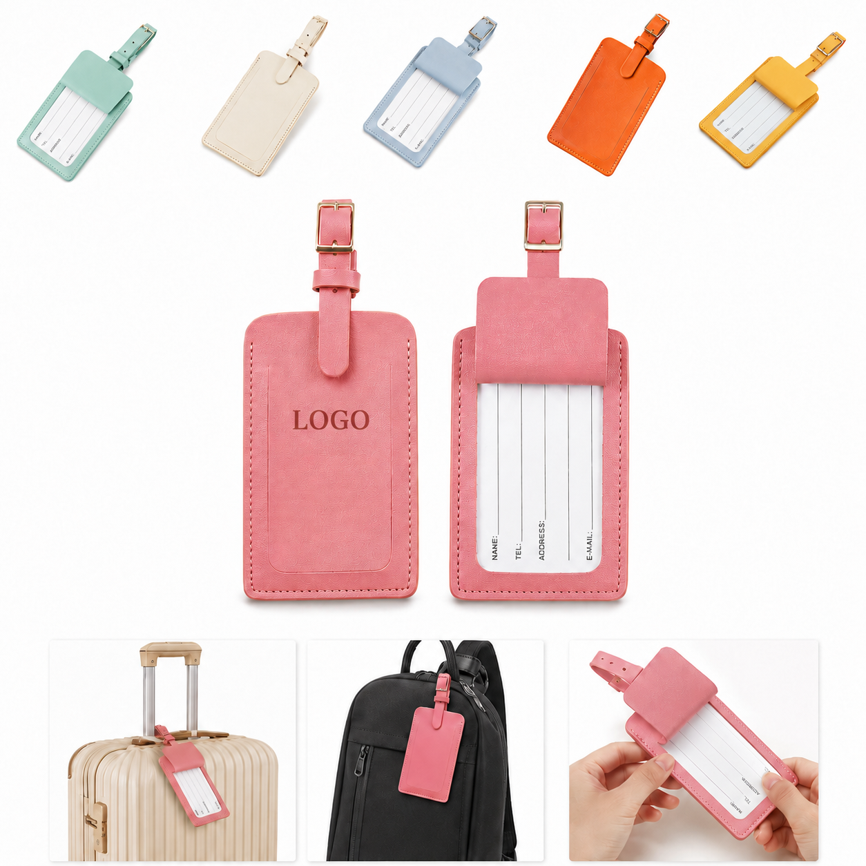 Dual-Sided PU Leather Luggage Tag with Stainless Steel Buckle