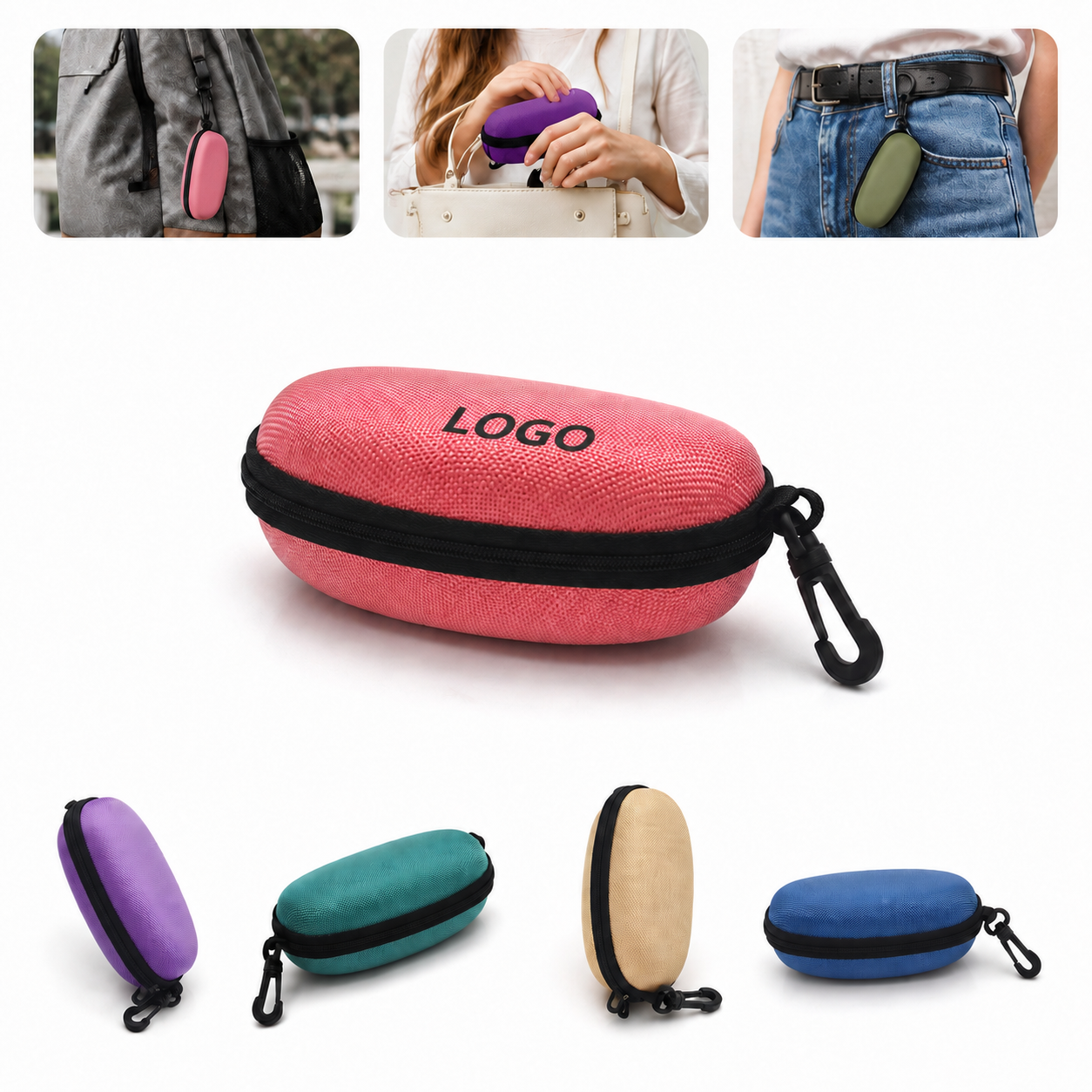 Waterproof Hard EVA Zipper Sunglasses & Eyeglasses Case with Hanging Hook