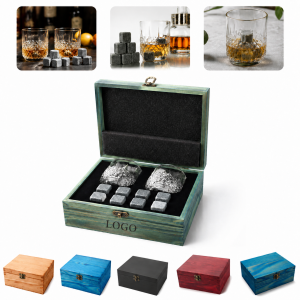 Granite Whiskey Stones & Crystal Shot Glass Set in Pinewood Gift Box