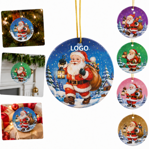 Christmas Santa Claus Pattern Round Acrylic Ornament with Gold Hanging Rope